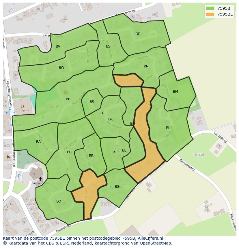 Afbeelding van het postcodegebied 7595 BE op de kaart.