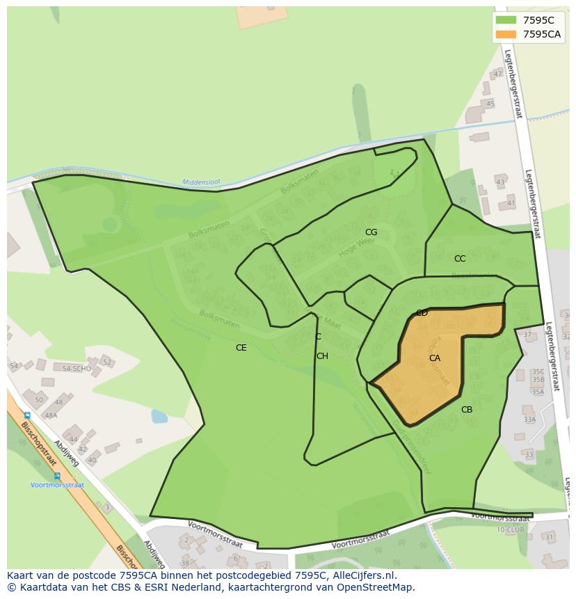 Afbeelding van het postcodegebied 7595 CA op de kaart.