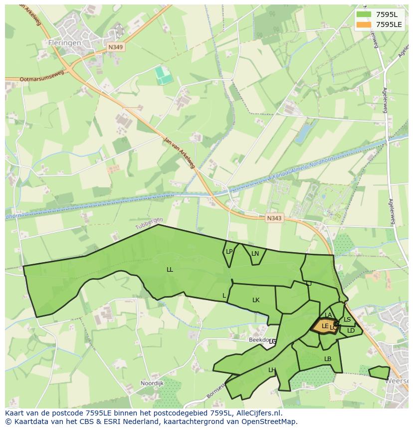 Afbeelding van het postcodegebied 7595 LE op de kaart.