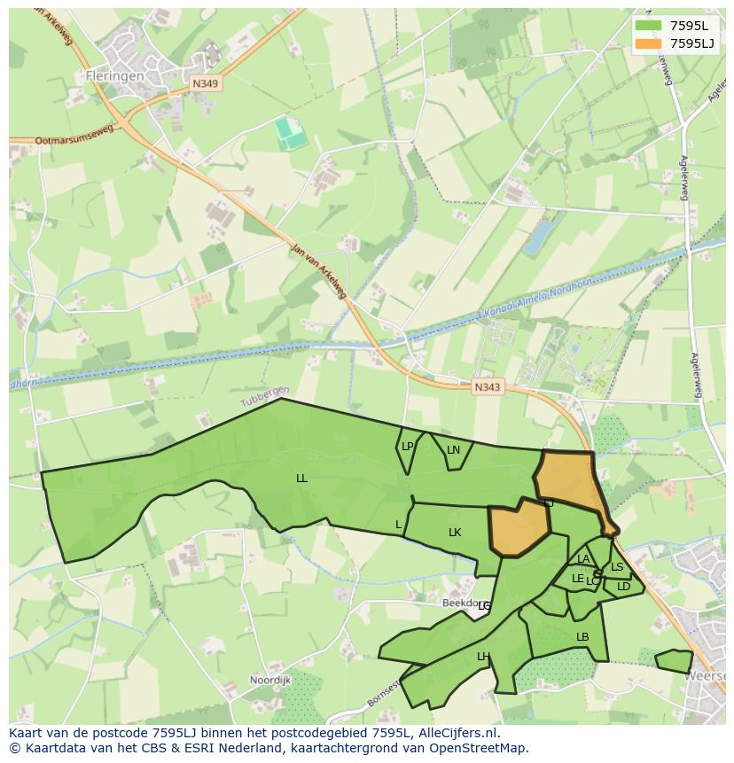 Afbeelding van het postcodegebied 7595 LJ op de kaart.