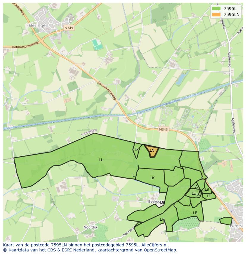 Afbeelding van het postcodegebied 7595 LN op de kaart.