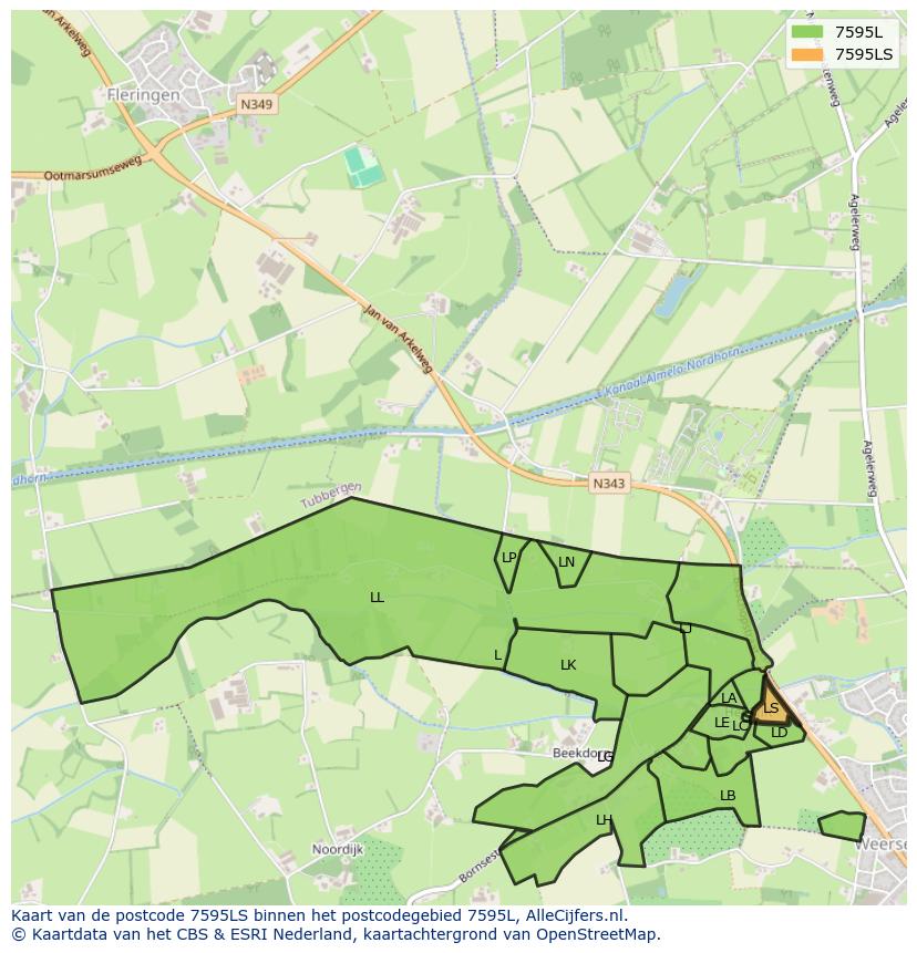 Afbeelding van het postcodegebied 7595 LS op de kaart.