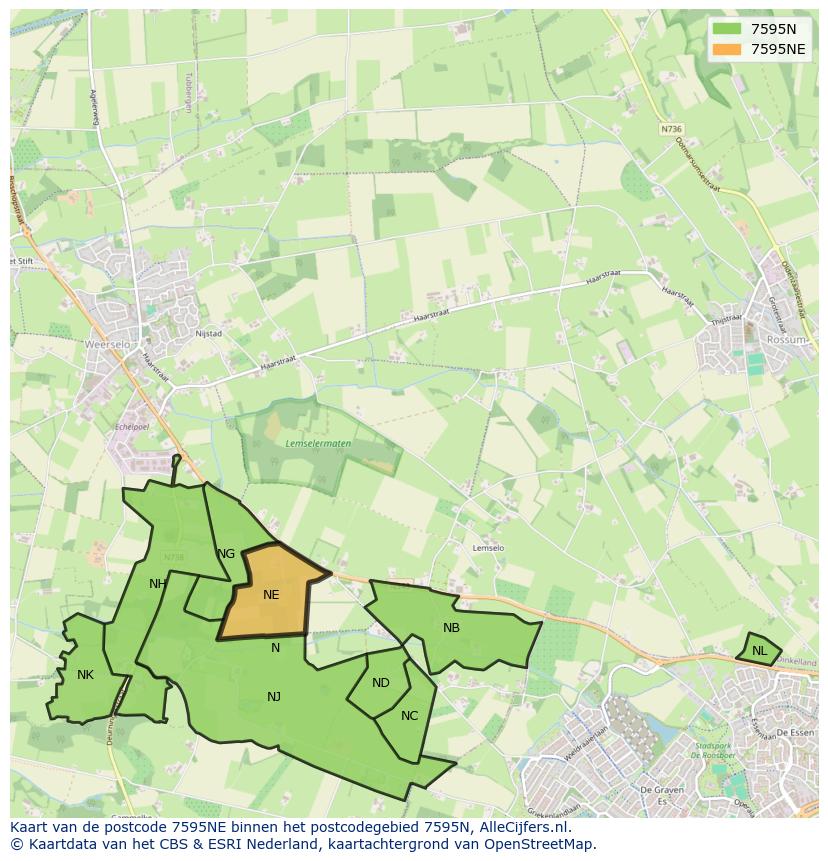 Afbeelding van het postcodegebied 7595 NE op de kaart.