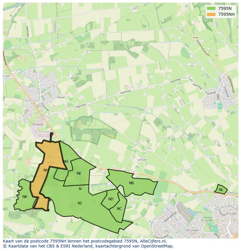 Afbeelding van het postcodegebied 7595 NH op de kaart.