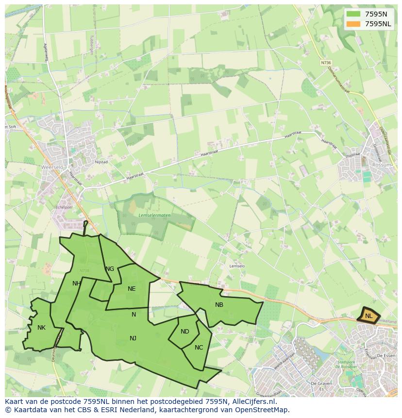 Afbeelding van het postcodegebied 7595 NL op de kaart.