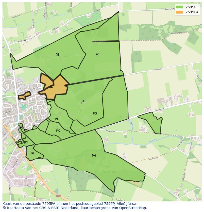 Afbeelding van het postcodegebied 7595 PA op de kaart.
