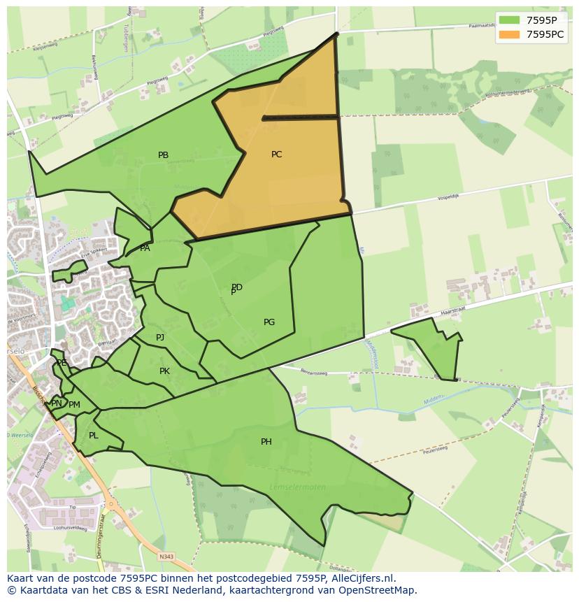 Afbeelding van het postcodegebied 7595 PC op de kaart.
