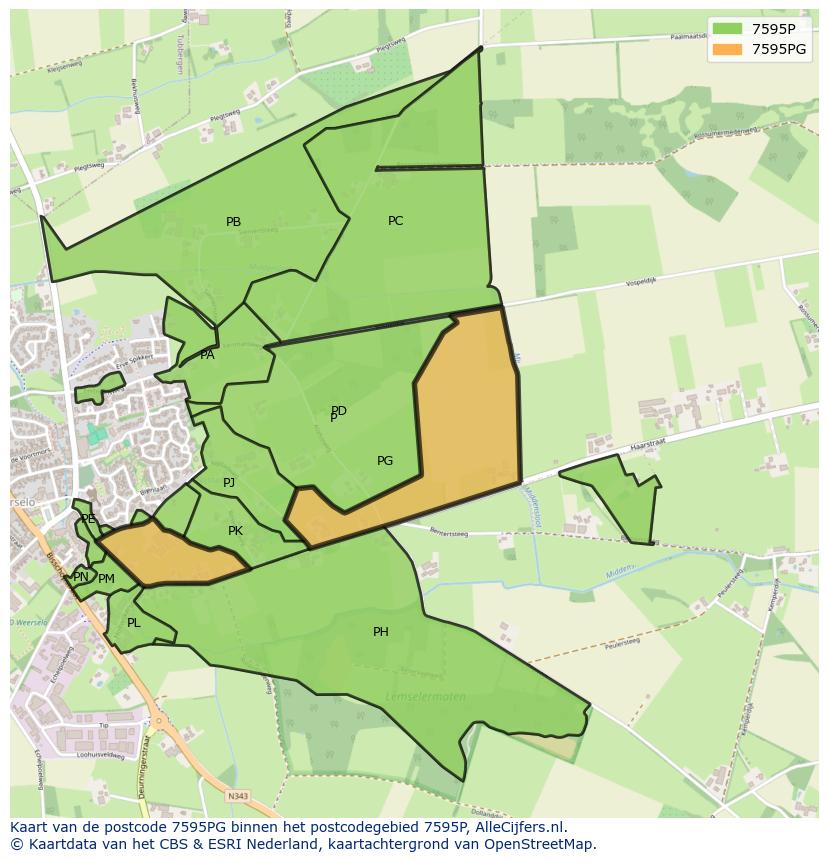Afbeelding van het postcodegebied 7595 PG op de kaart.