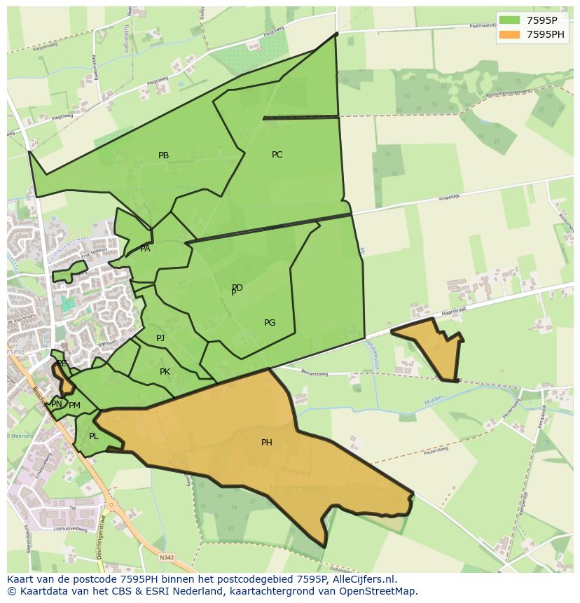 Afbeelding van het postcodegebied 7595 PH op de kaart.