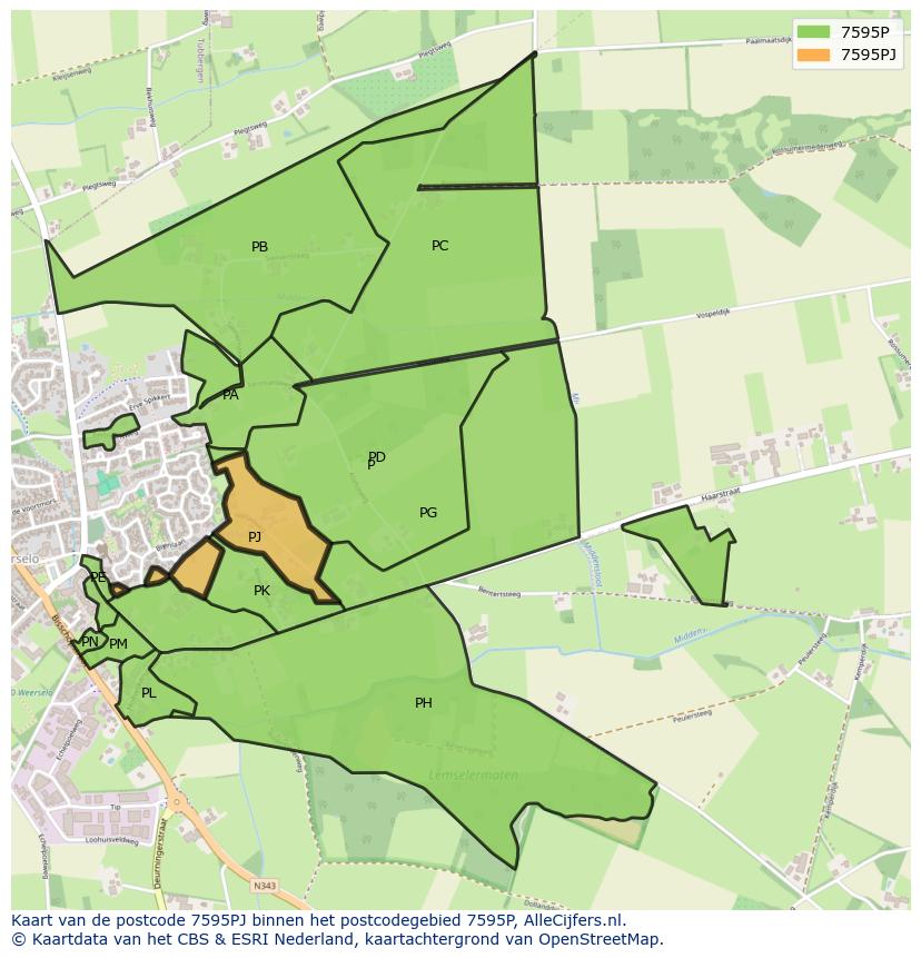 Afbeelding van het postcodegebied 7595 PJ op de kaart.