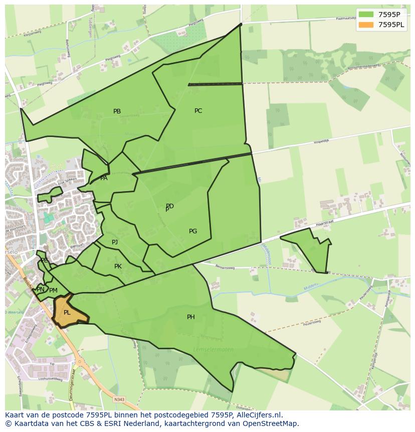 Afbeelding van het postcodegebied 7595 PL op de kaart.