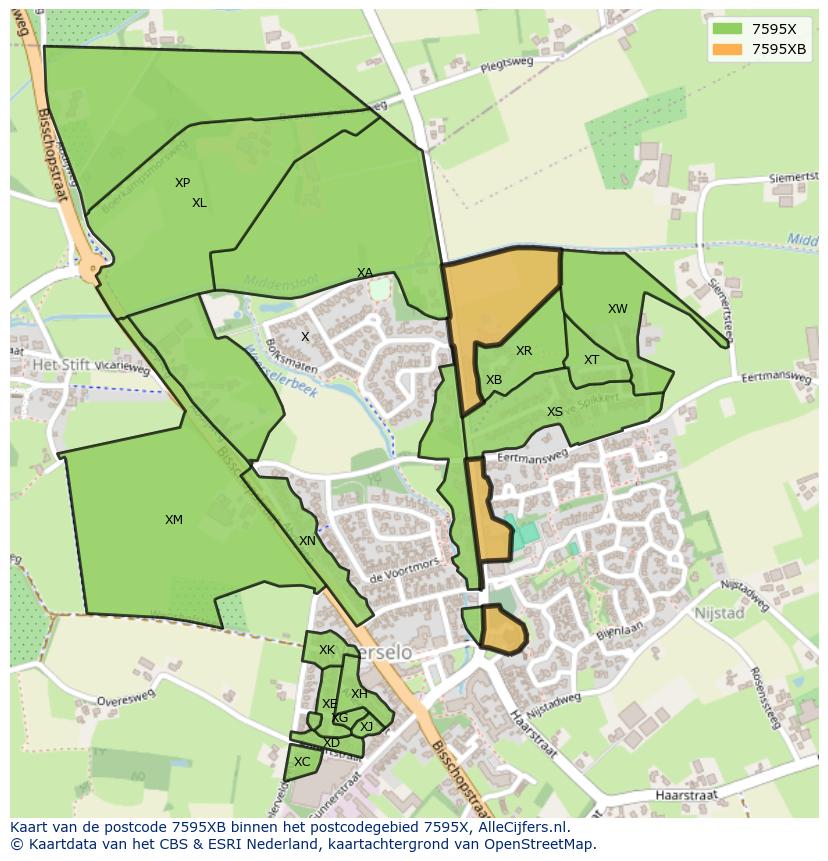 Afbeelding van het postcodegebied 7595 XB op de kaart.