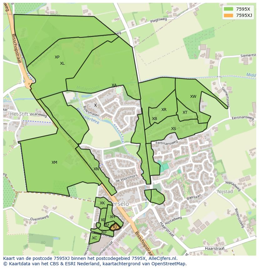 Afbeelding van het postcodegebied 7595 XJ op de kaart.