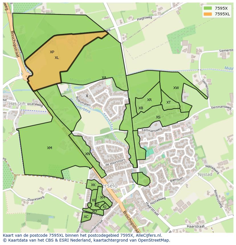 Afbeelding van het postcodegebied 7595 XL op de kaart.