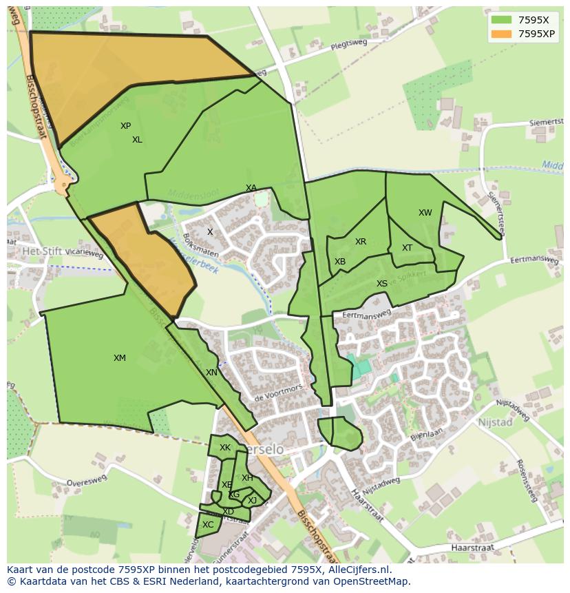 Afbeelding van het postcodegebied 7595 XP op de kaart.