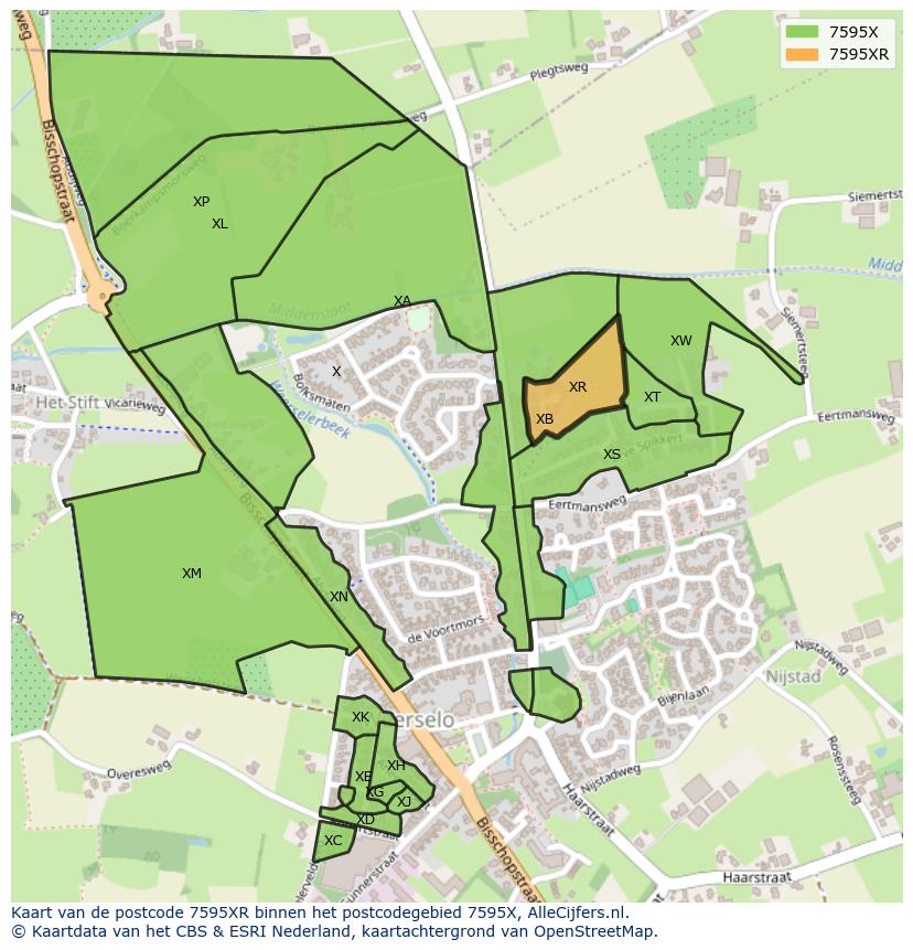 Afbeelding van het postcodegebied 7595 XR op de kaart.