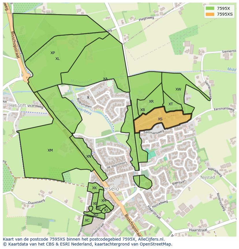 Afbeelding van het postcodegebied 7595 XS op de kaart.