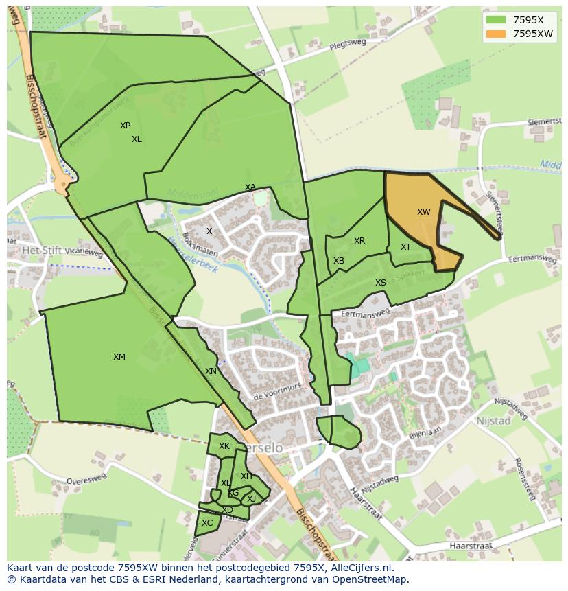 Afbeelding van het postcodegebied 7595 XW op de kaart.