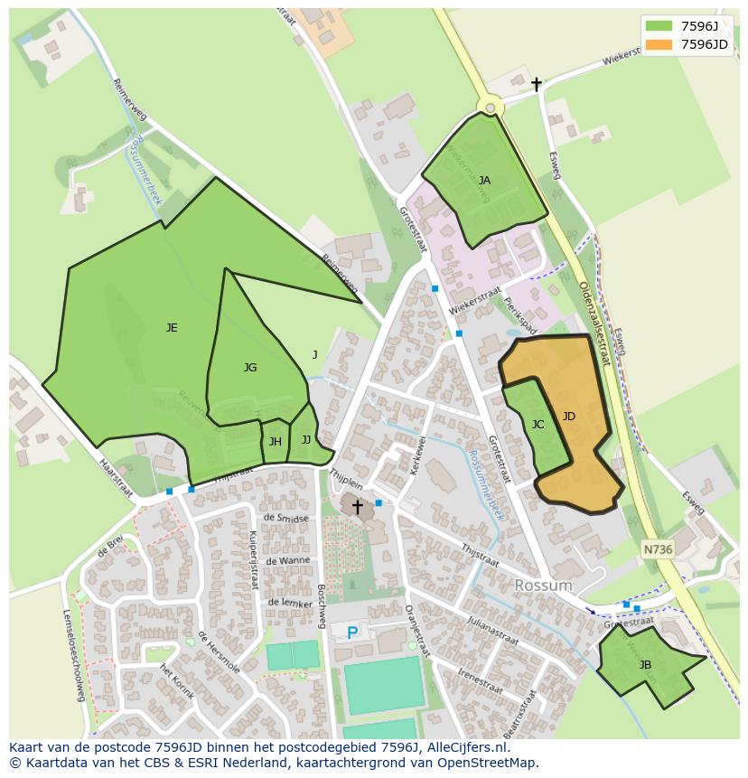 Afbeelding van het postcodegebied 7596 JD op de kaart.