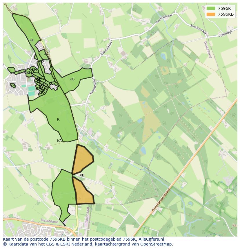 Afbeelding van het postcodegebied 7596 KB op de kaart.