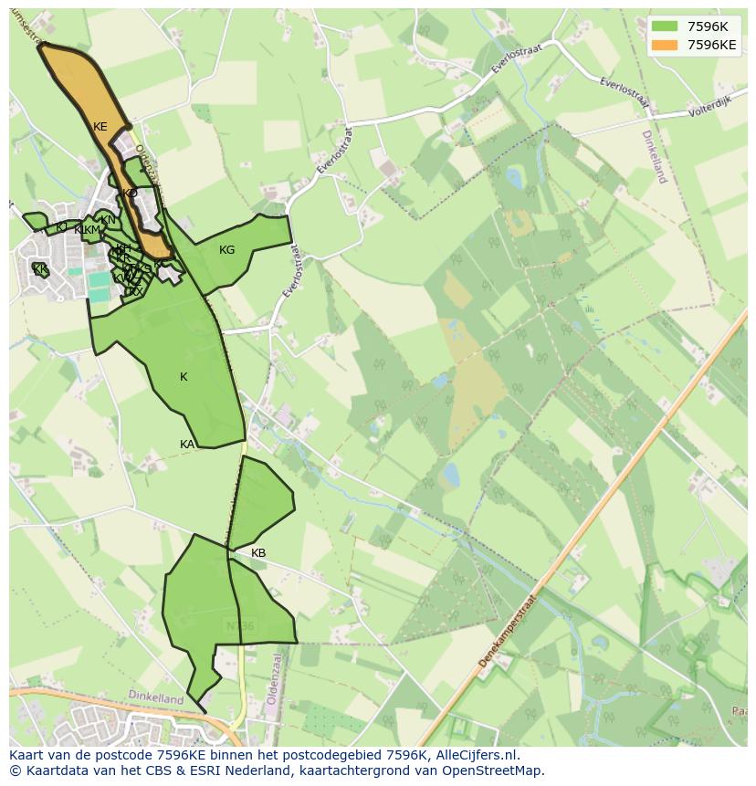 Afbeelding van het postcodegebied 7596 KE op de kaart.
