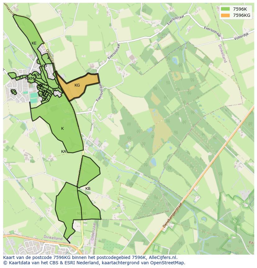 Afbeelding van het postcodegebied 7596 KG op de kaart.