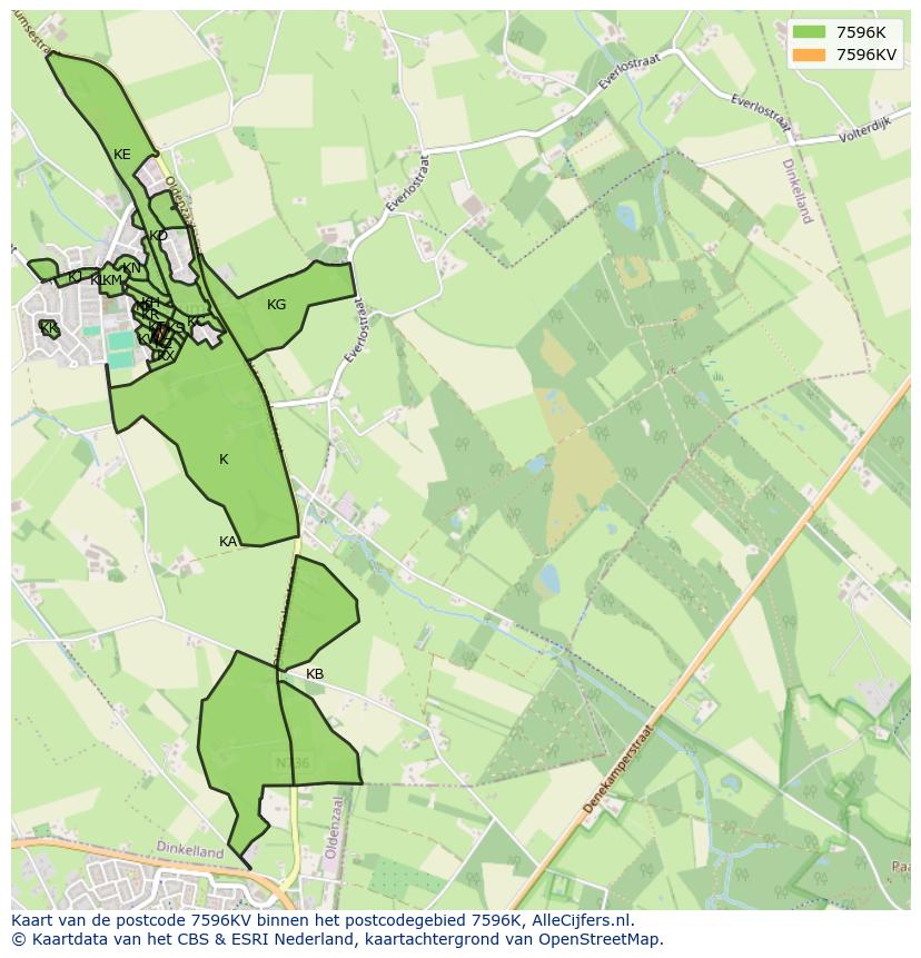 Afbeelding van het postcodegebied 7596 KV op de kaart.