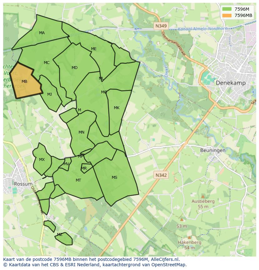 Afbeelding van het postcodegebied 7596 MB op de kaart.