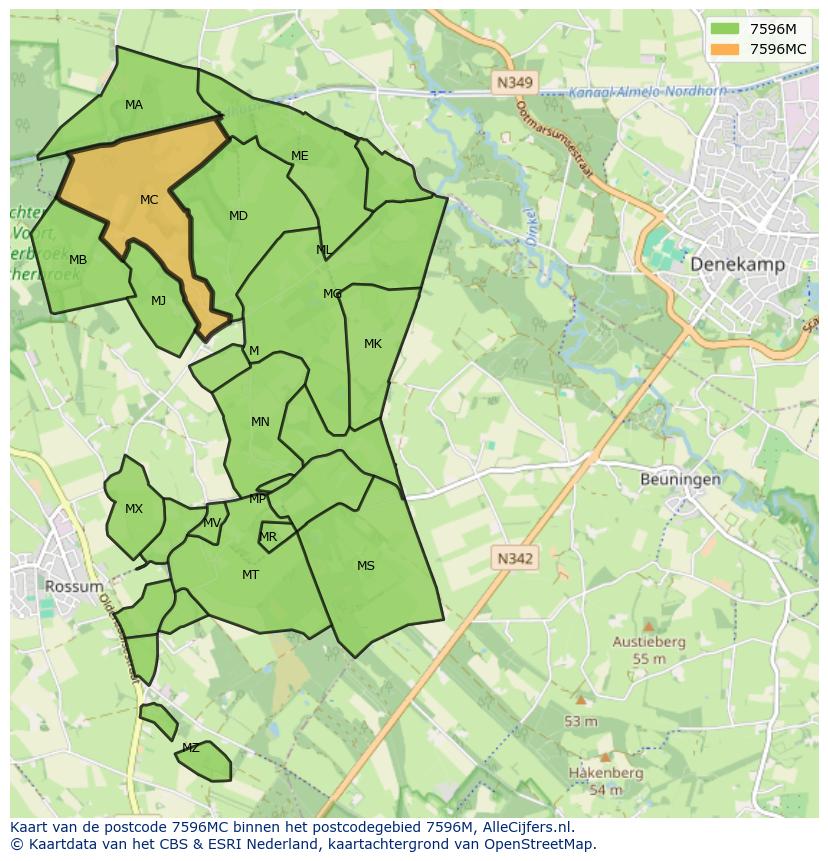 Afbeelding van het postcodegebied 7596 MC op de kaart.