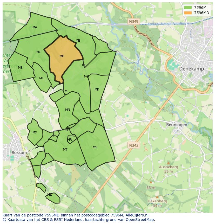 Afbeelding van het postcodegebied 7596 MD op de kaart.