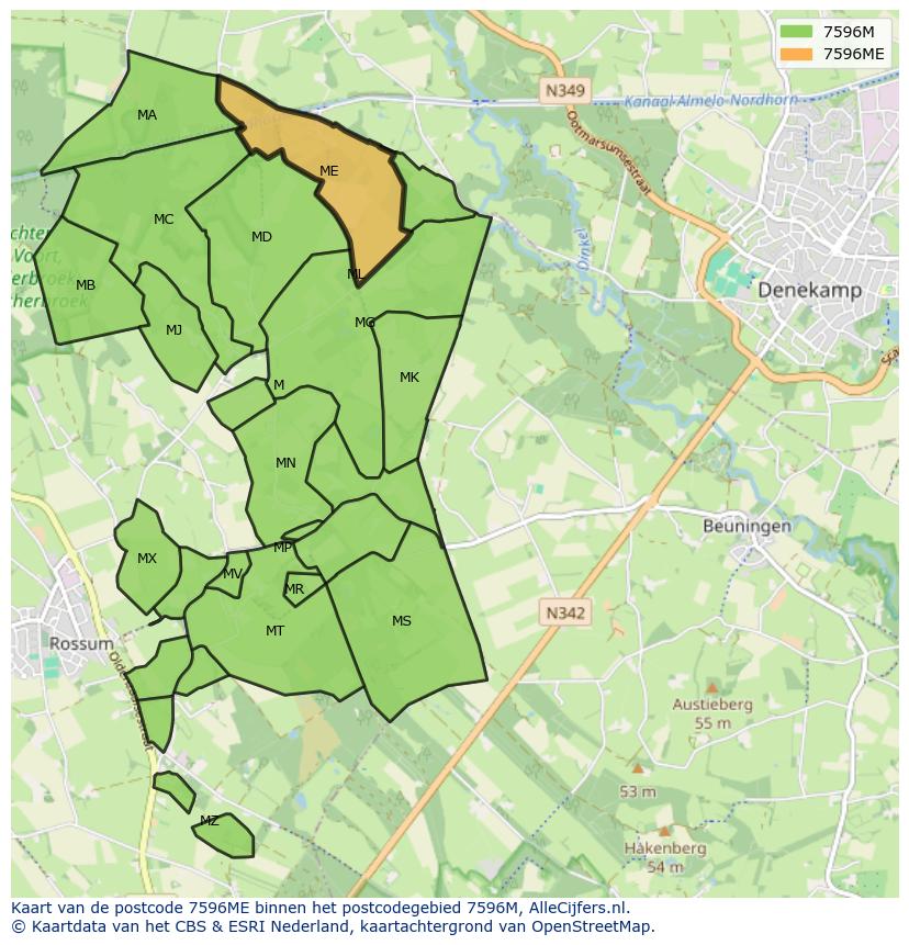 Afbeelding van het postcodegebied 7596 ME op de kaart.