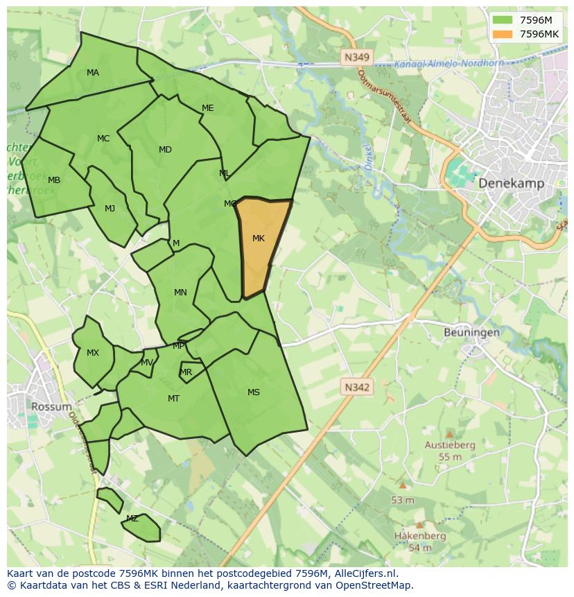Afbeelding van het postcodegebied 7596 MK op de kaart.