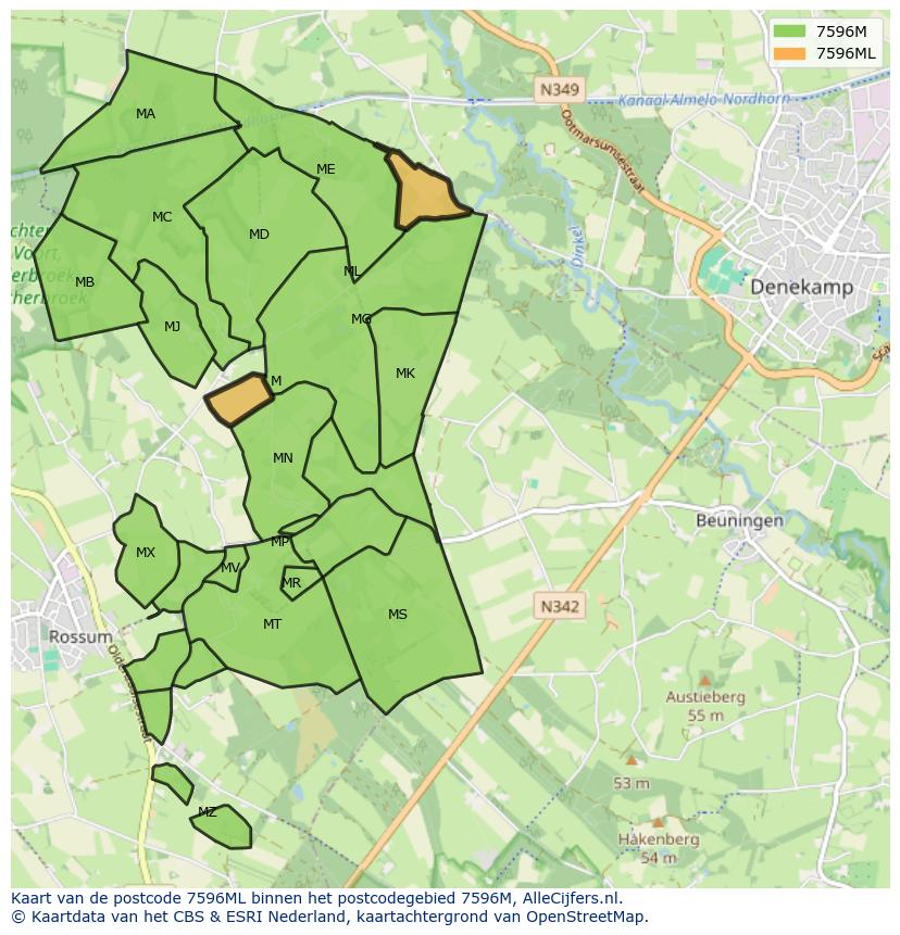 Afbeelding van het postcodegebied 7596 ML op de kaart.