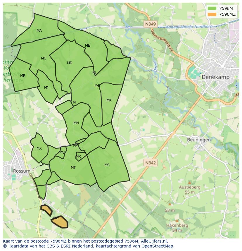 Afbeelding van het postcodegebied 7596 MZ op de kaart.