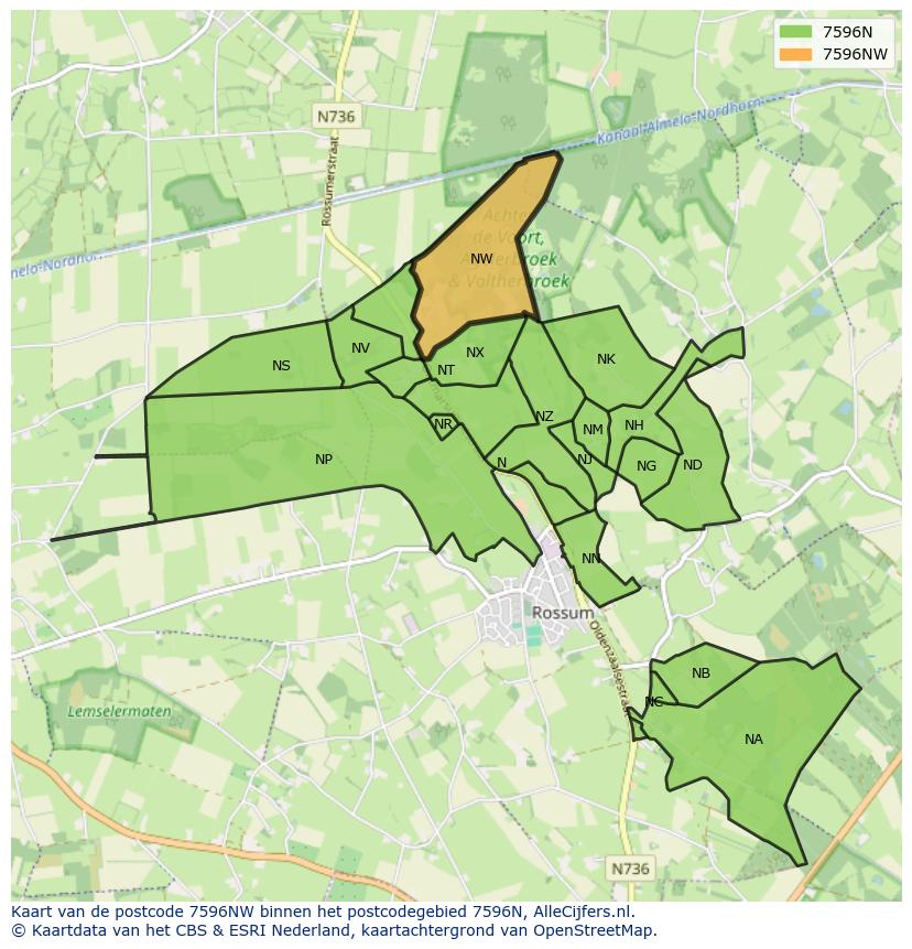 Afbeelding van het postcodegebied 7596 NW op de kaart.