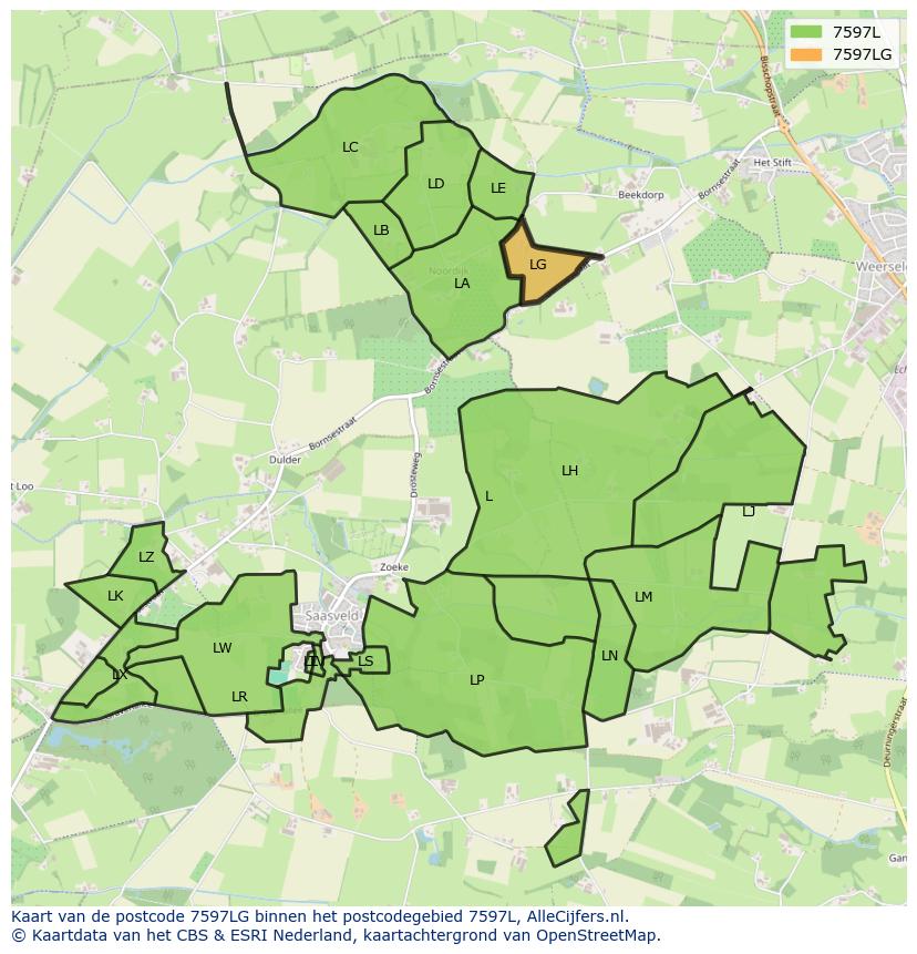 Afbeelding van het postcodegebied 7597 LG op de kaart.