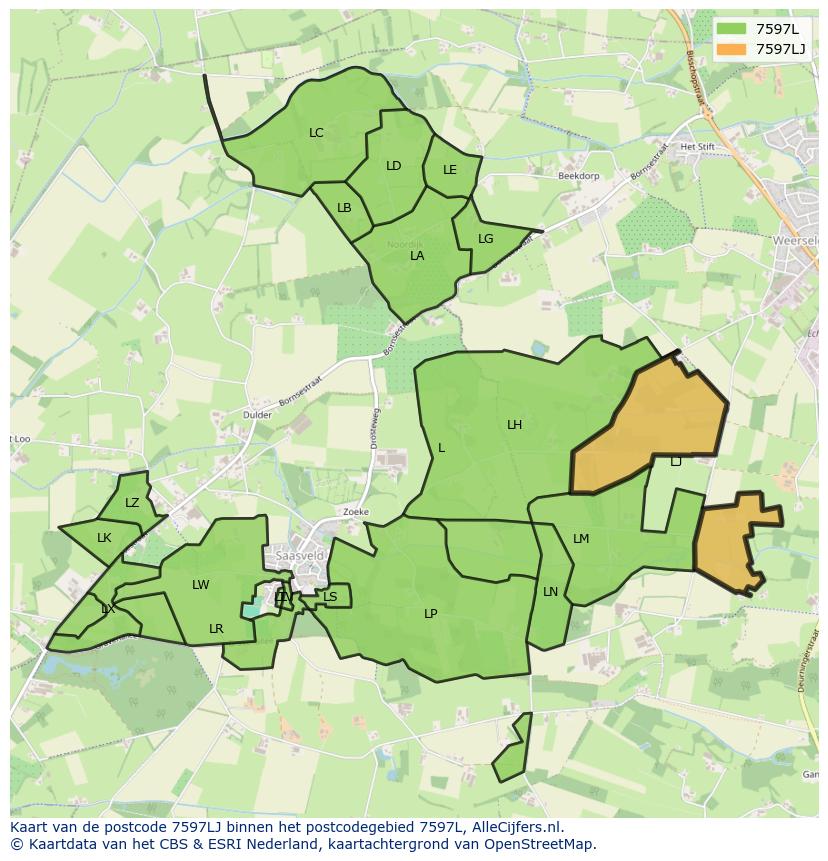 Afbeelding van het postcodegebied 7597 LJ op de kaart.