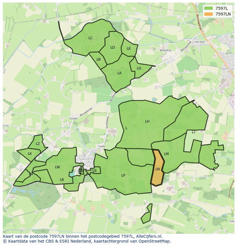 Afbeelding van het postcodegebied 7597 LN op de kaart.