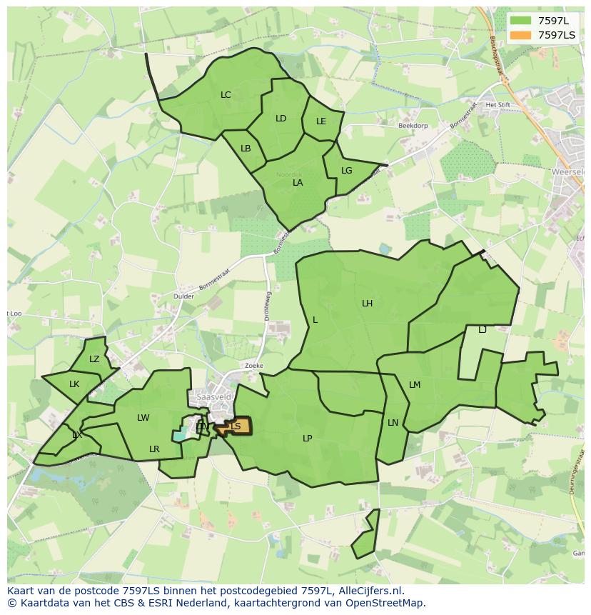 Afbeelding van het postcodegebied 7597 LS op de kaart.