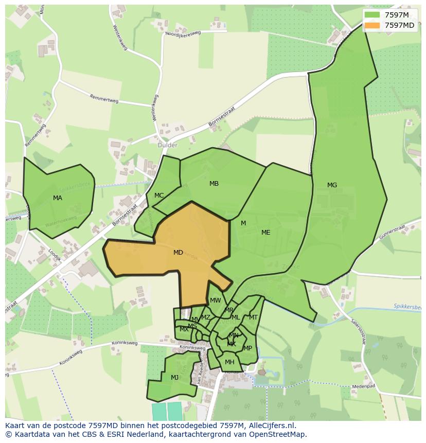 Afbeelding van het postcodegebied 7597 MD op de kaart.