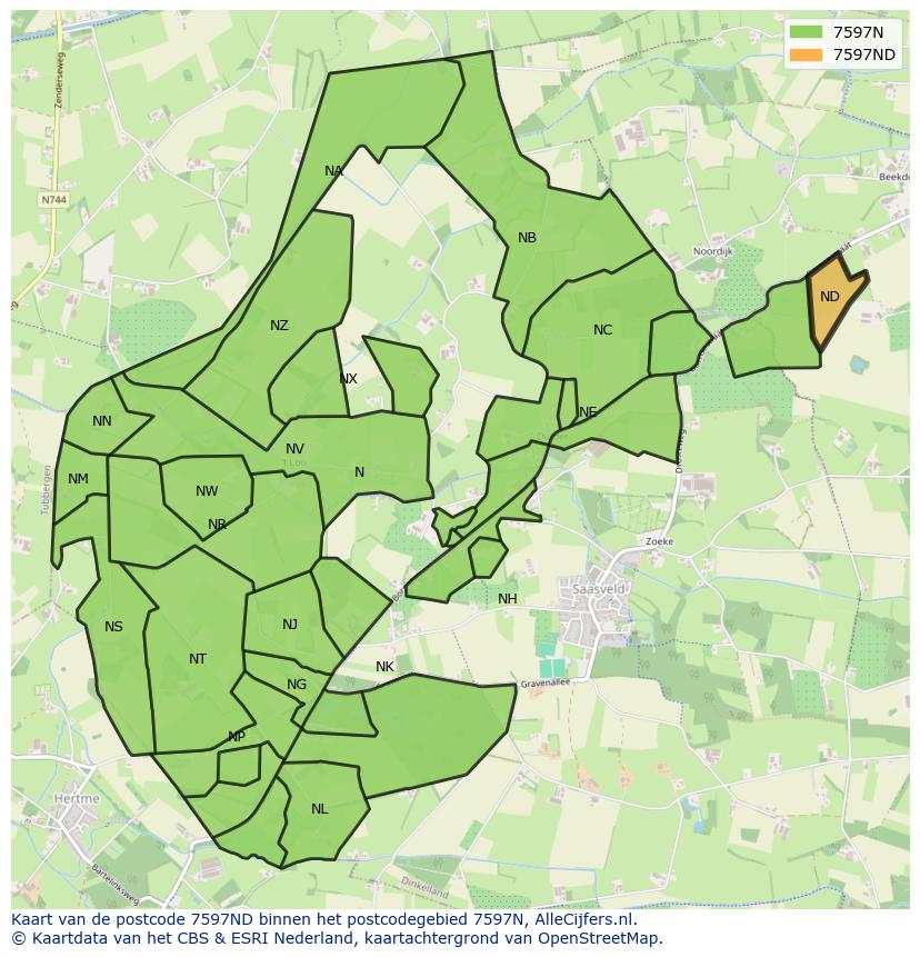 Afbeelding van het postcodegebied 7597 ND op de kaart.