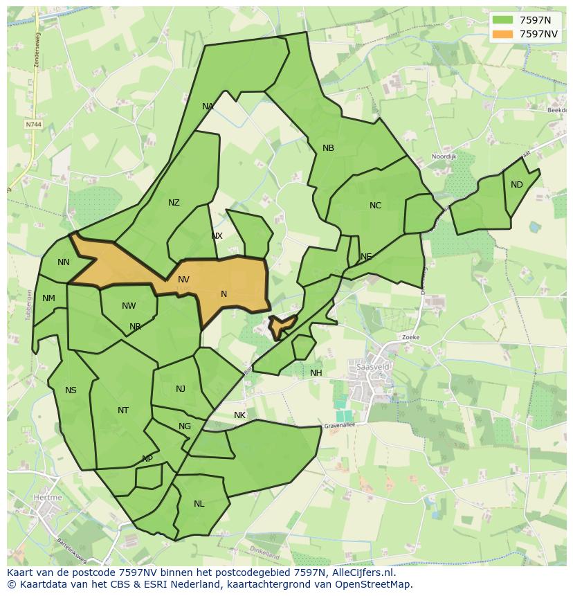 Afbeelding van het postcodegebied 7597 NV op de kaart.