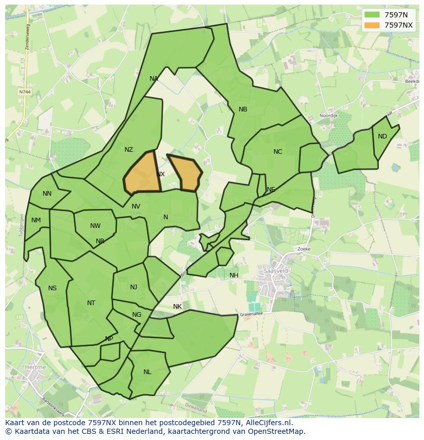 Afbeelding van het postcodegebied 7597 NX op de kaart.