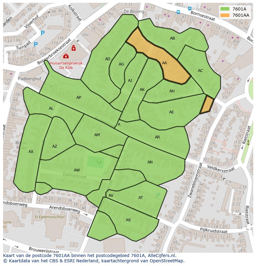 Afbeelding van het postcodegebied 7601 AA op de kaart.