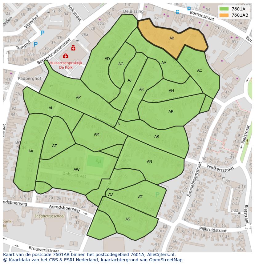 Afbeelding van het postcodegebied 7601 AB op de kaart.