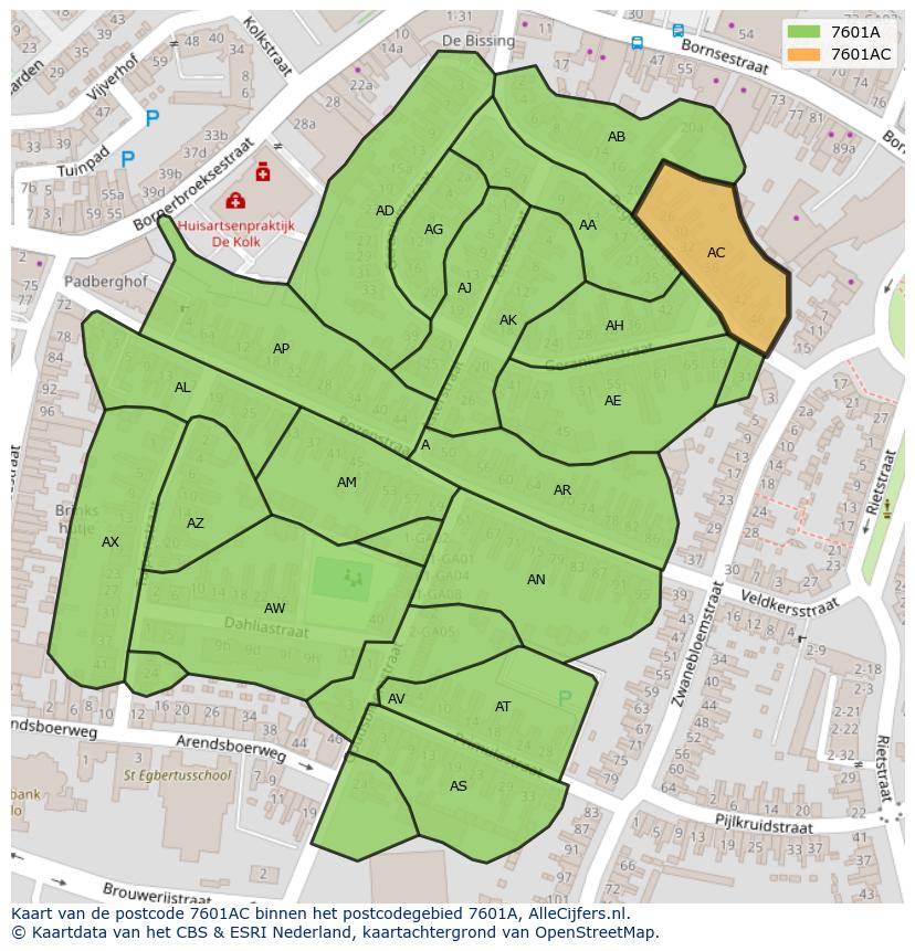Afbeelding van het postcodegebied 7601 AC op de kaart.