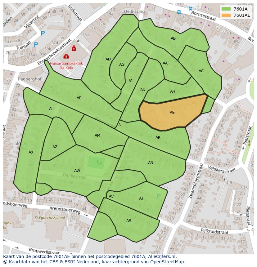Afbeelding van het postcodegebied 7601 AE op de kaart.