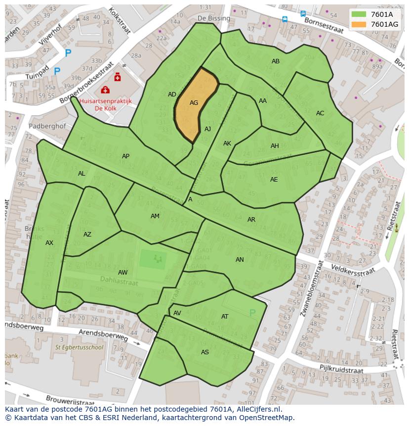 Afbeelding van het postcodegebied 7601 AG op de kaart.