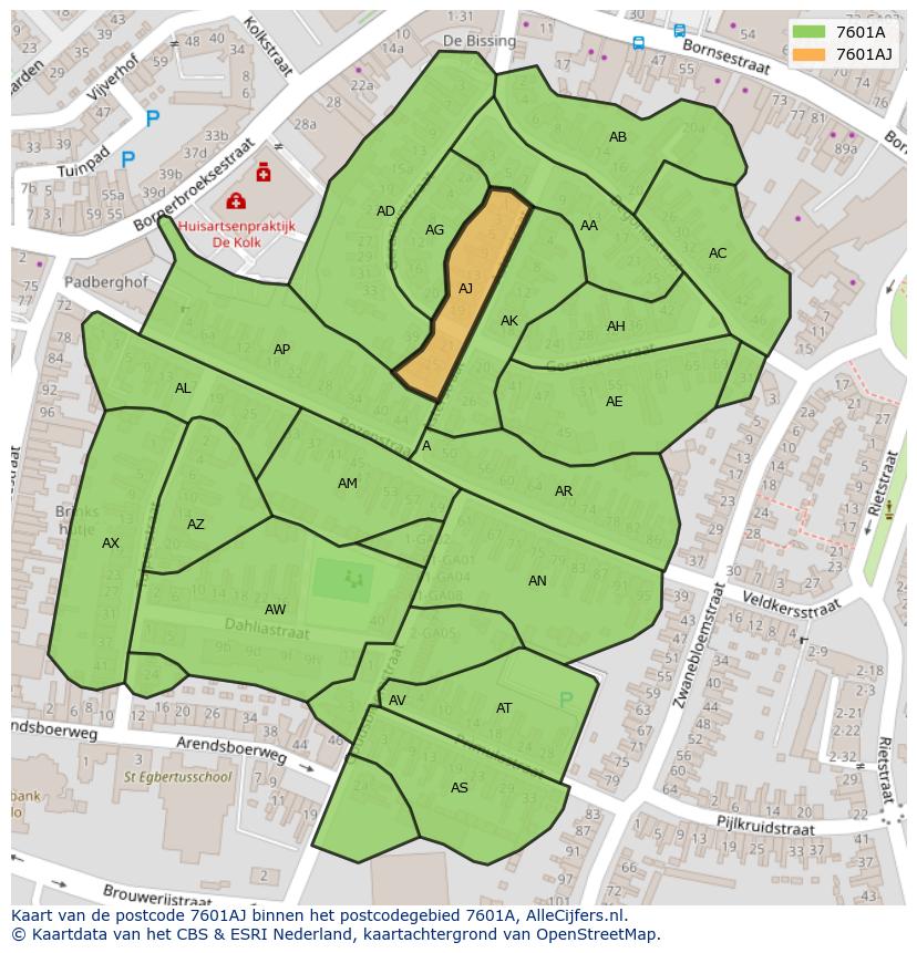 Afbeelding van het postcodegebied 7601 AJ op de kaart.