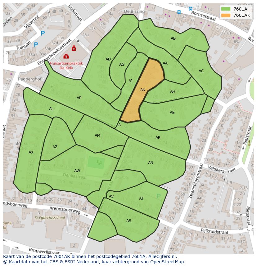 Afbeelding van het postcodegebied 7601 AK op de kaart.